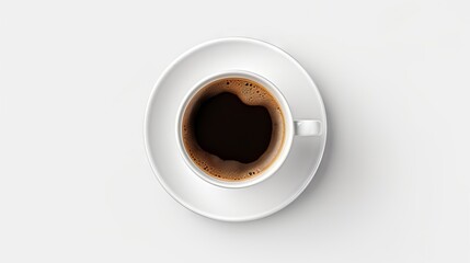 Fototapeta na wymiar Rich black espresso coffee with crema in isolated white cup and saucer - top view beverage design