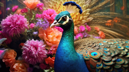 Fototapeta premium Beautiful peacock portrait on background of flowers. Vintage vertical painting. Generative Ai