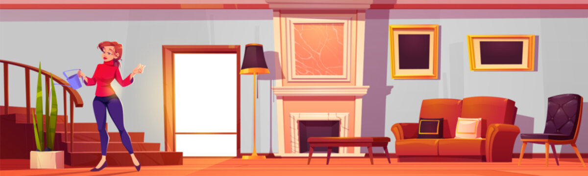 Living room interior - young woman watering flowers in pot near steps upstairs in lounge with fireplace, soft sofa, table and chair. Cartoon horizontal vector background of cozy house from inside.