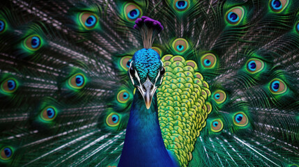 Obraz premium Portrait of beautiful peacock with feathers out. Generative Ai