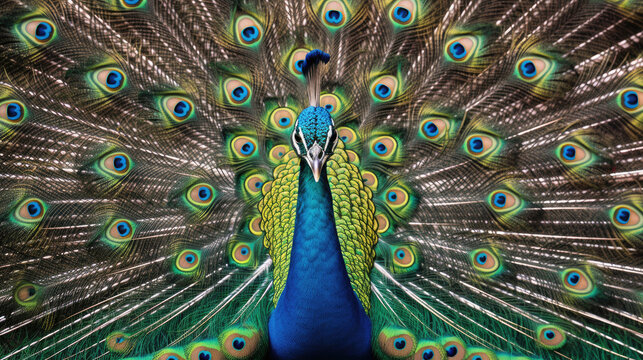 A Peacock with fanned tail. Generative Ai