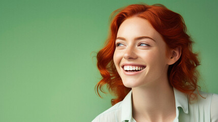 Ai Generated. Portrait of smiling red hair woman on green background