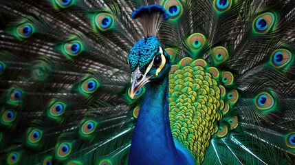 Obraz premium Portrait of beautiful peacock with feathers out. Generative Ai