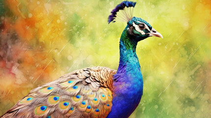 Fototapeta premium A peacock, Tropical bird, colorful peacock, printable digital watercolor painting. Generative Ai