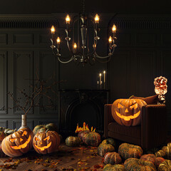 Halloween pumpkin head jack lantern with dark background and wooden floor, 3D Rendering.