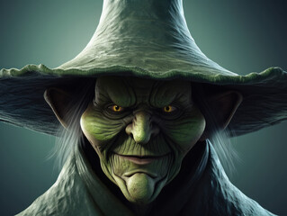 Ugly evil old witch portrait. Closeup, green face and black hat. Halloween spooky portrait. 