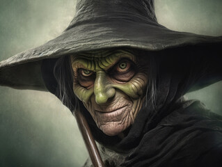 Ugly evil old witch portrait. Closeup, green face and black hat. Halloween spooky portrait. 
