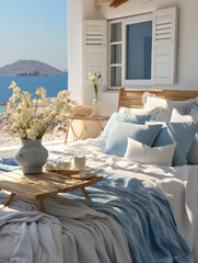 Greek island style bedroom whitewashed walls white 
