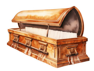Old wooden coffin watercolor illustration, Isolated on white. Funerary themed. 