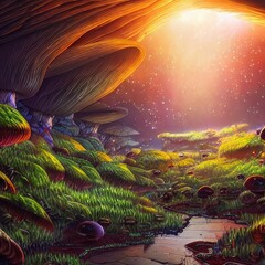 Magic forest and psilocybin mushrooms. The image was created using an AI