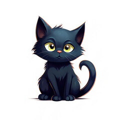 Cute cartoon illustration of a black cat isolated on white. Witch familiar character, halloween icon. 