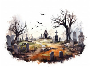 Spooky and haunted graveyard watercolor illustration. Halloween themed macabre artwork. 