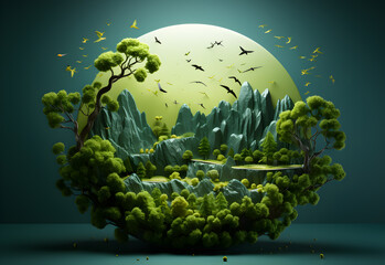 Fantasy landscape with green trees, moon and flying birds. 3D rendering