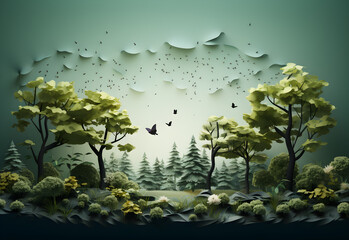 Beautiful landscape with fantasy forest and butterflies. Paper art style.
