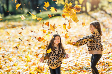 Children play with dry yellow leaves in an autumn park. Children throw and scatter autumn leaves.