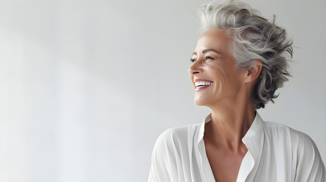 Beautiful senior woman smiling into the distance with grey hair. Great skin and teeth
