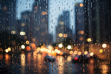 Raindrops symbolizing tears trickle down a window, while the city's glow remains out of focus, portraying emotional distance - obrazy, fototapety, plakaty