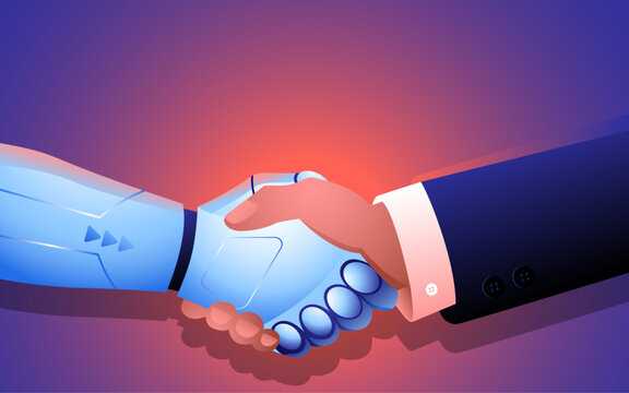 Businessman and a robot engaging in a handshake. Intersection of human expertise and technological advancement. Dynamic relationship between human ingenuity and AI innovation in various industries
