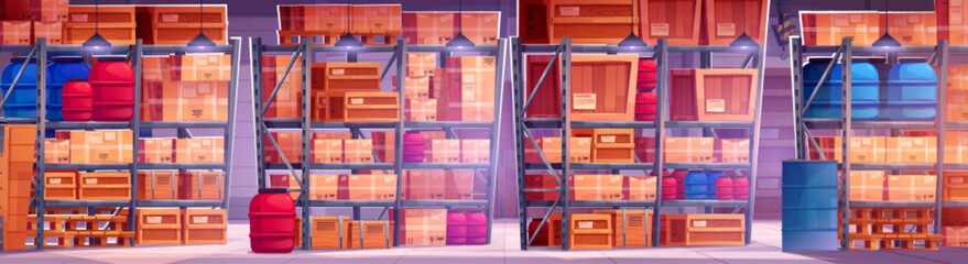 Warehouse storage interior with pallet and box. Full rack in store delivery stockroom. Distribution hangar building with crowded shelf of inventory in wood crate and cardboard package game panorama