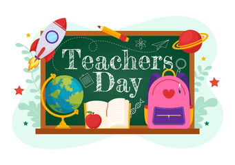 Happy Teacher's Day Vector Illustration with School Equipment Such as Blackboards, Pencils, Bags, Books and Others in Flat Cartoon Background