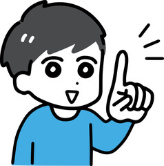 人差し指を立てて話す私服の若い男性(上半身)