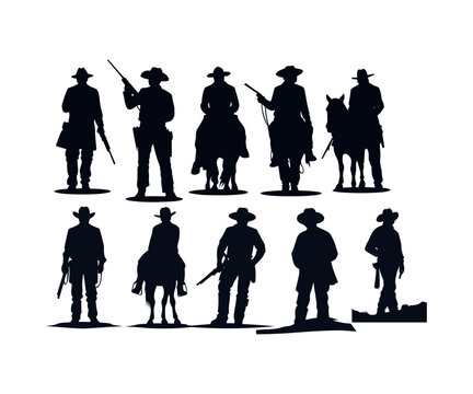 cowboys silhouettes with guns and horses vector illustration design
