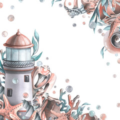 A marine lighthouse with algae, corals, shells and a starfish. Watercolor illustration. Templates from the collection of WHALES. For the design and decoration of prints, posters, stickers, postcards.