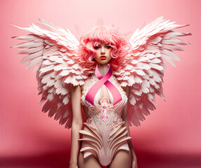 Woman in a pink dress with wings and pink ribbon on her chest, supporting symbol of breast cancer awareness campaign