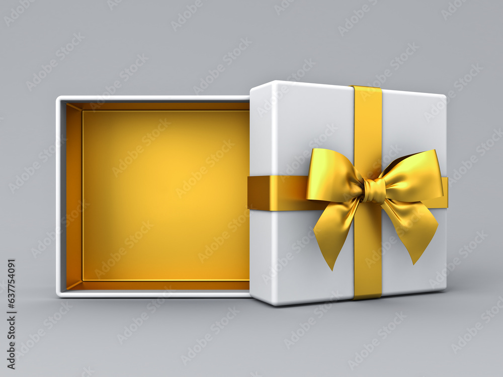 Poster white present box open with blank golden bottom box or blank opened gift box tied with gold ribbon a