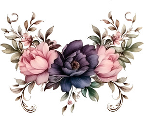 Dark roses floral open wreath made in vintage Victorian gothic style. Dark black rose arrangement. Watercolor flowers.
