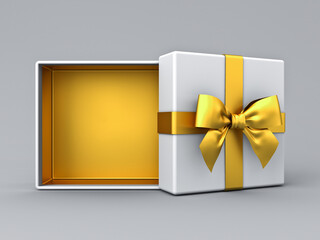 White present box open with blank golden bottom box or blank opened gift box tied with gold ribbon and bow isolated on grey white background with shadow minimal conceptual 3D rendering