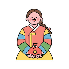 A cute girl in traditional Korean costume is holding a lucky bag.