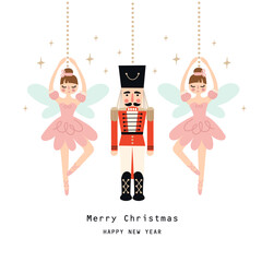 Nutcracker ballet Christmas card and girl ballerina. Vector illustration.