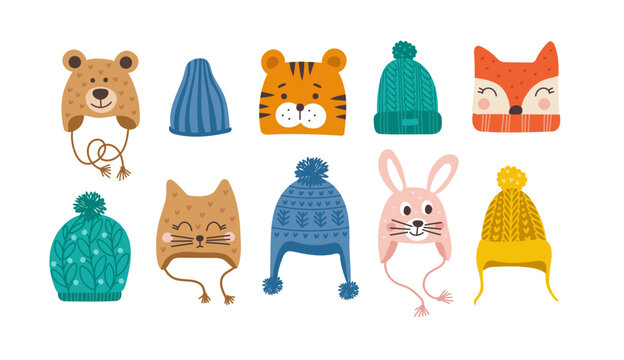 Cute vector winter hats set for boys and girls in cold weather.  Clothes for winter and autumn. Vector illustration.