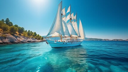 Sailboat sailing through the sea with an island and a clear blue sky on the background. Large sailing yacht cruising on a bright sunny day with still light blue water. Sailing ship in clear water. - obrazy, fototapety, plakaty