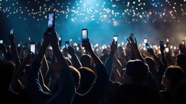 hand with the smartphone is active, recording and taking pictures during the live concert