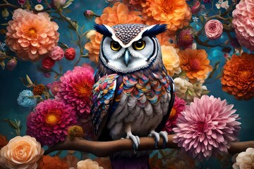 An elegant owl with mesmerizing, piercing eyes perches gracefully among a vibrant array of colorful flowers, its feathers blending harmoniously with the blooms, the intricate patterns and textures 3d 
