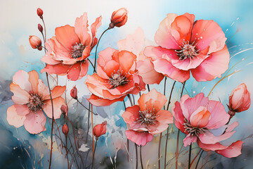 poppies flowers, floral background, watercolor painting, illustration