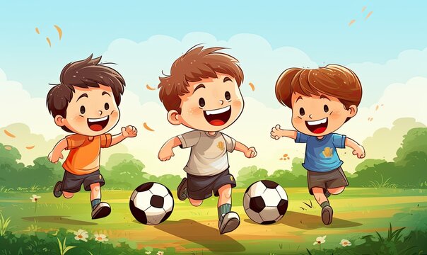 Photo of three young boys enjoying a game of soccer together