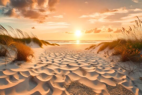 Path on the sand going to the ocean in Miami Beach Florida at sunrise or sunset, beautiful nature landscape, retro instagram filter for vintage looks 3d render