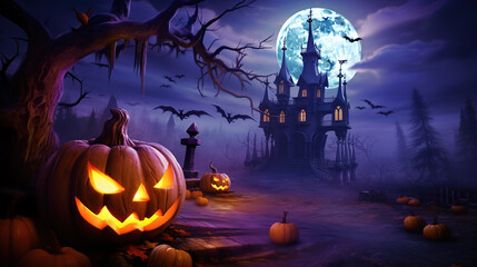 Halloween, pumpkin, big moon, castle.