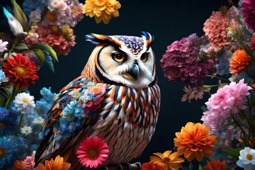 Cercles muraux Dessins animés de hibou An elegant owl with mesmerizing, piercing eyes perches gracefully among a vibrant array of colorful flowers, its feathers blending harmoniously with the blooms, the intricate patterns and textures 3d 