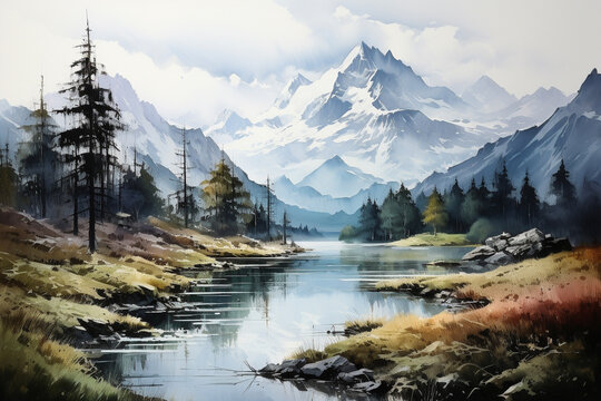 Beautiful mountain landscape with river and forest. Watercolor painting illustration.