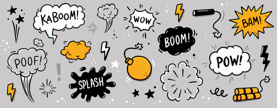 Comic bomb boom vector element. Hand drawn cartoon explosion bomb effect, splash, exclamation smoke element. Doodle hand drawn text boom, pow, wow. Vector illustration.