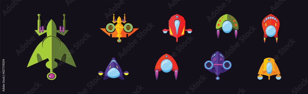 Poster bright alien spaceship game icons on dark background vector set
