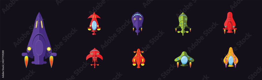 Poster bright alien spaceship game icons on dark background vector set