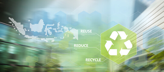 Words reduce reuse recycle on urban blurry background. The Environmental concept of ecological recycle, Vector background with silhouette of Indonesia