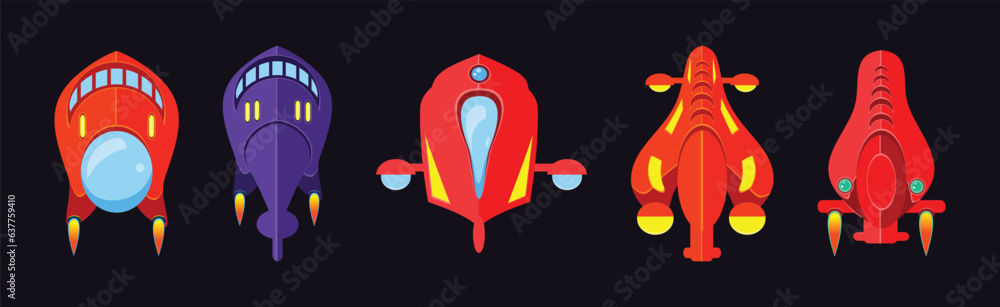 Poster bright alien spaceship game icons on dark background vector set
