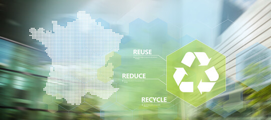 Words reduce reuse recycle on urban blurry background. The Environmental concept of ecological recycle, Vector background with silhouette of France