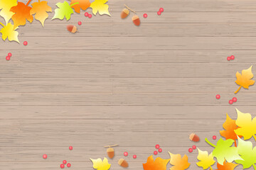 木の実と葉　板（ウッドデッキ）の上の背景イラスト、季節のイメージ